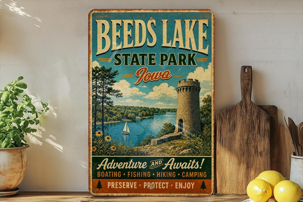 A vintage-style metal sign for Beeds Lake State Park in Iowa, featuring a scenic image of the lake and surrounding landscape.