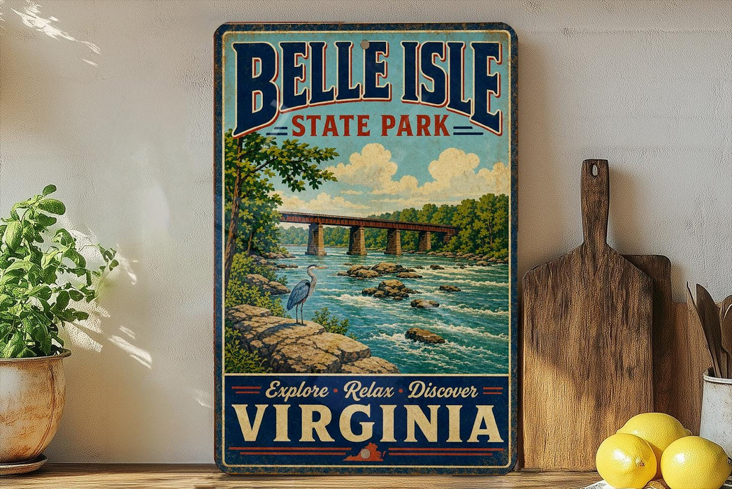 A vintage-style metal sign for Belle Isle State Park in Virginia, featuring a scenic illustration of a river, bridge, and wildlife.