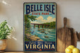 A vintage-style metal sign for Belle Isle State Park in Virginia, featuring a scenic illustration of a river, bridge, and wildlife.