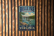 A vintage-style metal sign for Belle Isle State Park in Virginia, featuring a scenic illustration of a river and bridge.