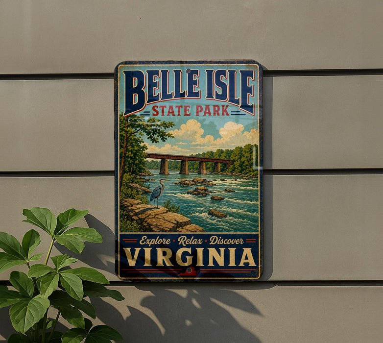 A vintage-style metal sign for Belle Isle State Park in Virginia, featuring a scenic illustration of a bridge over a river surrounded by lush greenery.