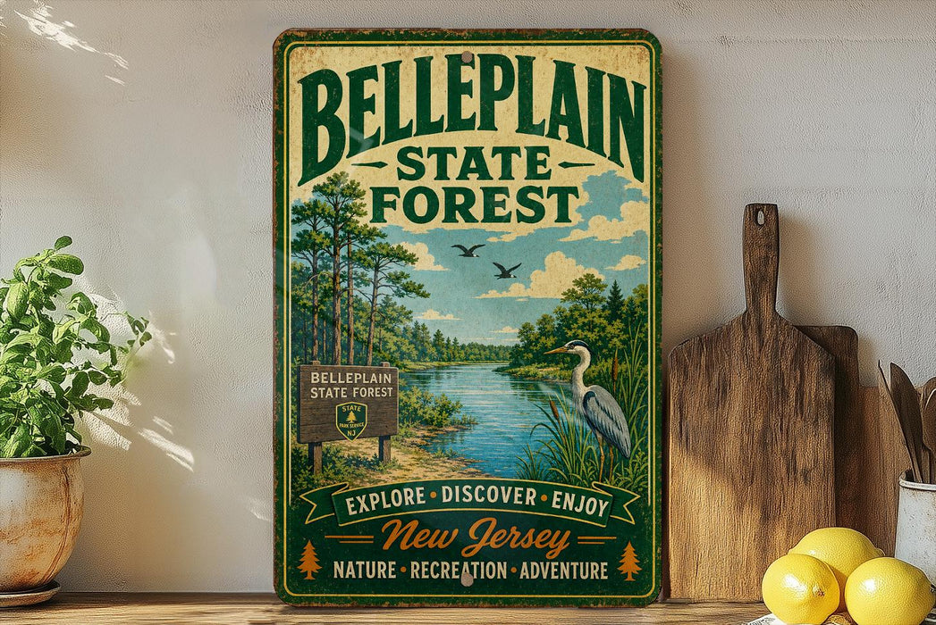 A vintage-style metal sign for Belleplain State Forest, featuring a scenic illustration of a lake, trees, and birds, along with the text "Belleplain State Forest" and "Explore, Discover, Enjoy New Jersey Nature, Recreation, Adventure".