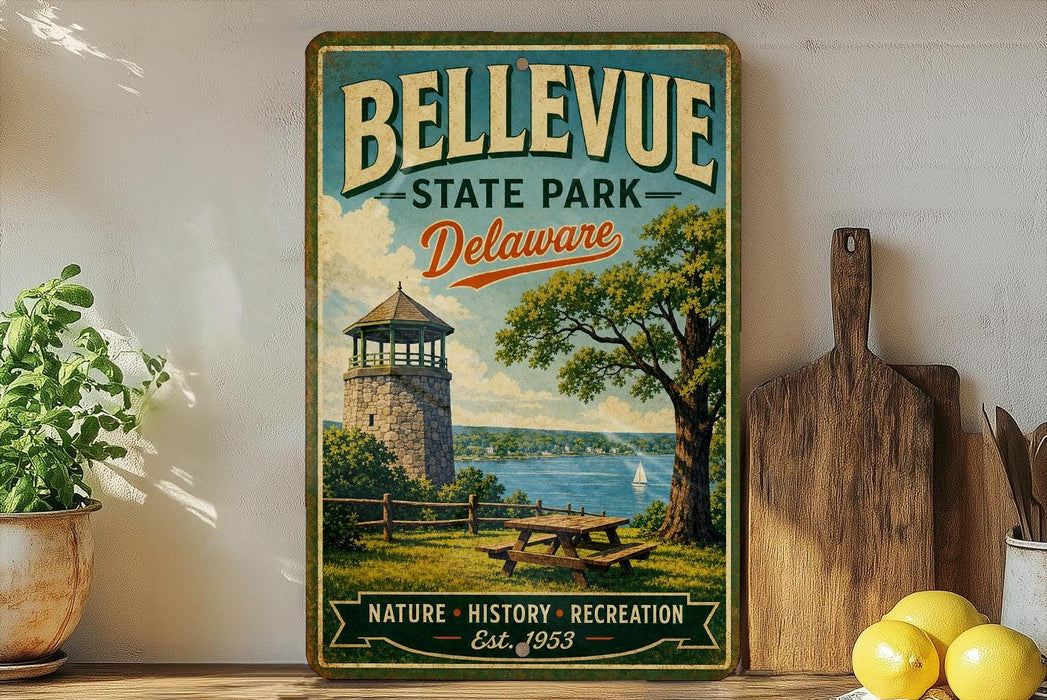 A vintage-style metal sign for Bellevue State Park in Delaware, featuring a lighthouse, picnic table, and a scenic view of the water.