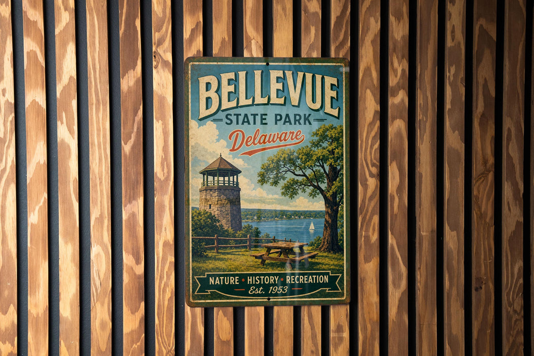 A vintage metal sign for Bellevue State Park in Delaware, featuring a scenic image of a tower, picnic table, and a lake.