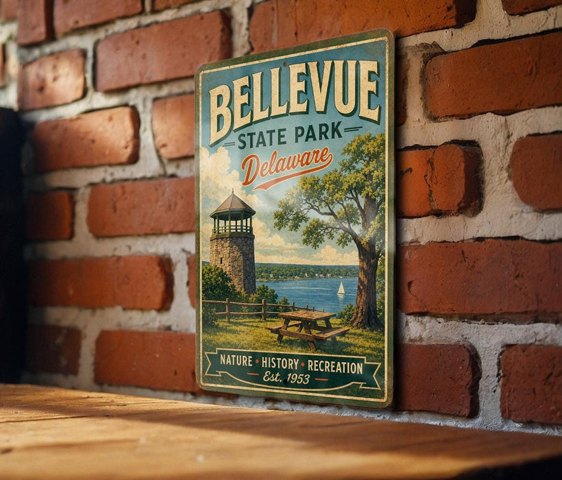 A vintage metal sign for Bellevue State Park in Delaware, featuring a scenic image of a lighthouse and a picnic table, mounted on a brick wall.