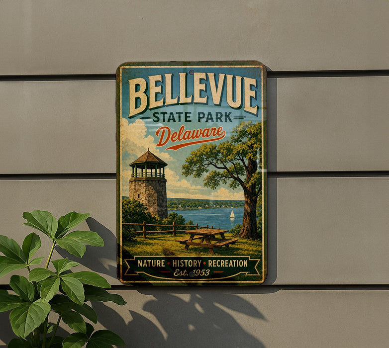 A vintage metal sign for Bellevue State Park in Delaware, featuring a scenic landscape with a tower, picnic table, and a lake.