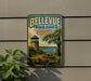 A vintage metal sign for Bellevue State Park in Delaware, featuring a scenic landscape with a tower, picnic table, and a lake.