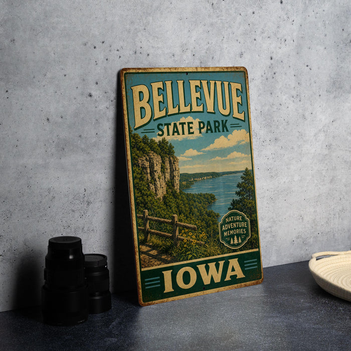 A vintage-style metal sign for Bellevue State Park in Iowa, featuring a scenic landscape with a river, cliffs, and a wooden fence.