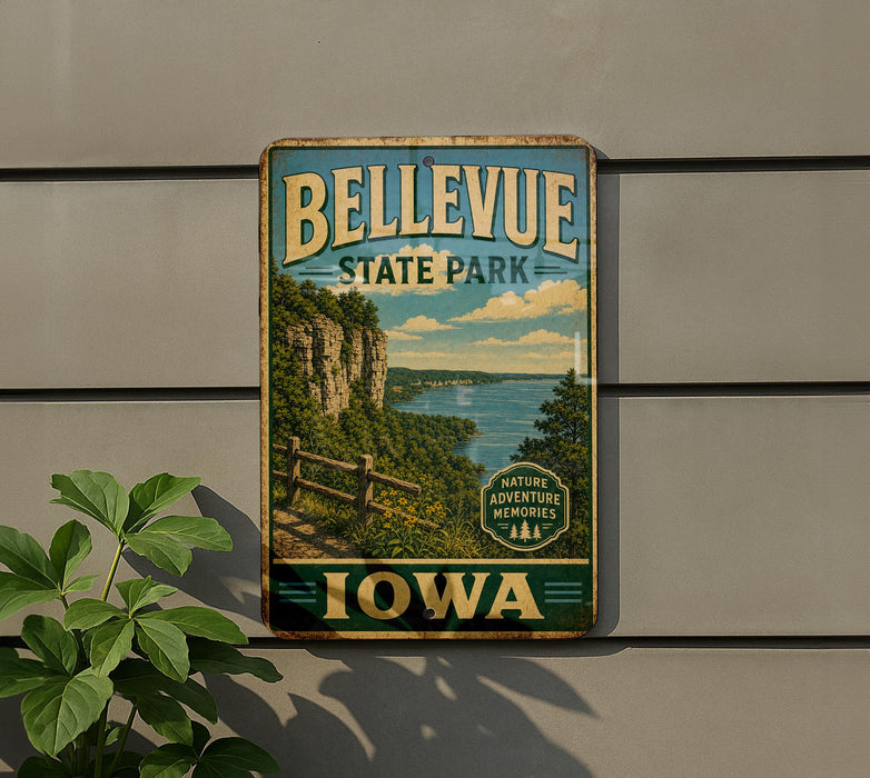 A vintage-style metal sign for Bellevue State Park in Iowa, featuring a scenic landscape with a river, cliffs, and a wooden fence.