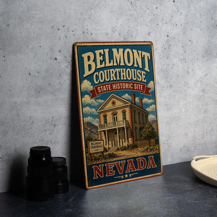 A vintage-style metal sign for Belmont Courthouse, a historic site in Nevada, featuring an illustration of a building and the text "Belmont Courthouse State Historic Site" and "Belmont Courthouse Nevada".