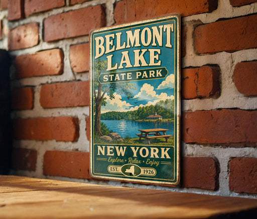 A vintage-style metal sign for Belmont Lake State Park, featuring a scenic illustration of the lake and surrounding landscape, mounted on a brick wall.