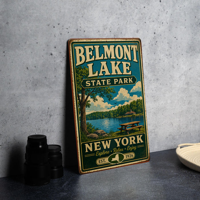 A vintage-style metal sign for Belmont Lake State Park, featuring a scenic illustration of the lake and surrounding landscape.