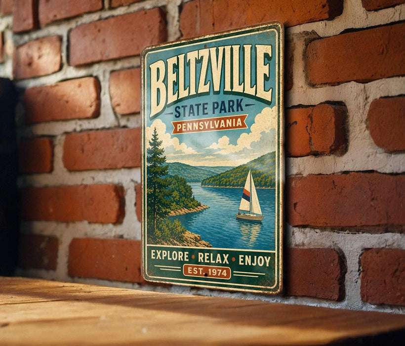 A vintage metal sign for Beltzville State Park in Pennsylvania, featuring a scenic image of a sailboat on a lake surrounded by mountains.