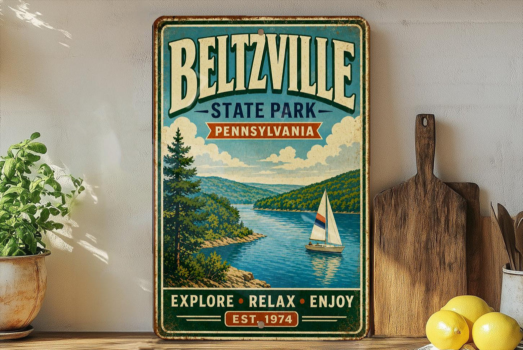 A vintage-style metal sign for Beltzville State Park in Pennsylvania, featuring a scenic illustration of a lake with a sailboat, surrounded by mountains and trees.