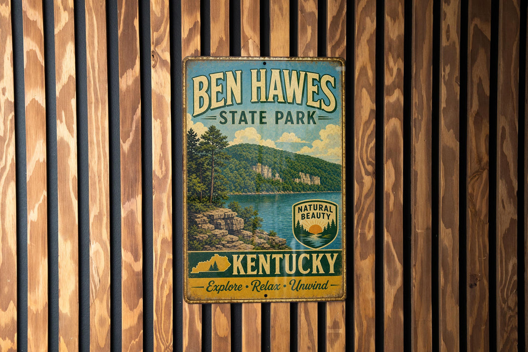 A vintage-style metal sign for Ben Hawes State Park in Kentucky, featuring a scenic landscape with a lake and mountains.