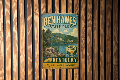 A vintage-style metal sign for Ben Hawes State Park in Kentucky, featuring a scenic landscape with a lake and mountains.
