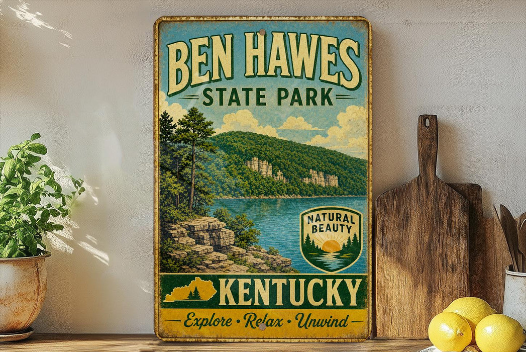 A vintage-style sign for Ben Hawes State Park in Kentucky, featuring a scenic landscape with a lake and mountains.