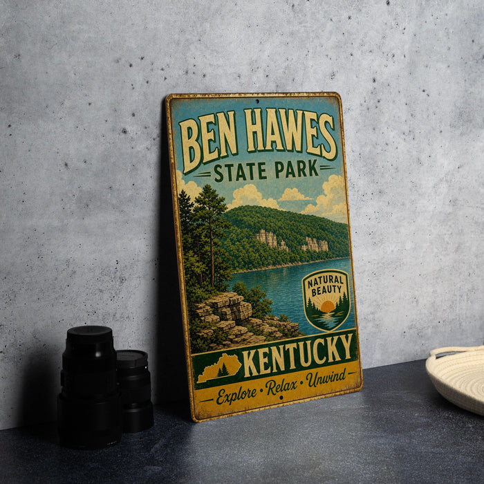 A vintage-style sign for Ben Hawes State Park in Kentucky, featuring a scenic landscape with a lake and mountains.