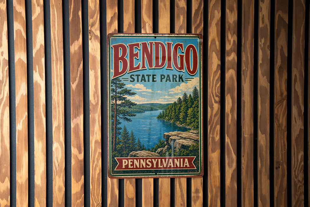 A vintage metal sign for Bendigo State Park in Pennsylvania, featuring a scenic landscape with a lake and mountains.