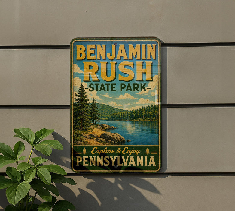 A vintage-style metal sign for Benjamin Rush State Park in Pennsylvania, featuring a scenic landscape with a lake and mountains.