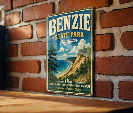 A vintage-style metal sign for Benzie State Park in Michigan, featuring a scenic landscape with a beach, mountains, and pine trees.