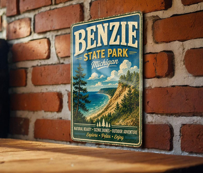 A vintage-style metal sign for Benzie State Park in Michigan, featuring a scenic landscape with a beach, mountains, and pine trees.