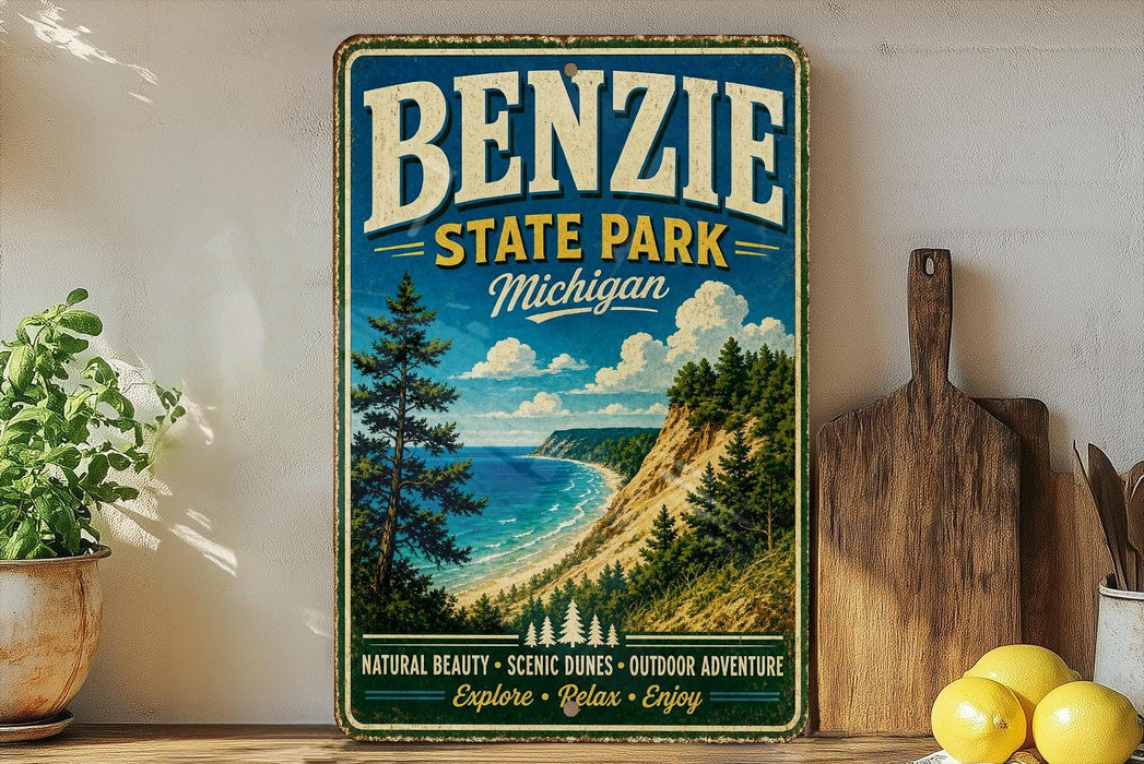 A vintage-style sign for Benzie State Park in Michigan, featuring a scenic landscape with pine trees, a beach, and a cliff overlooking the ocean.