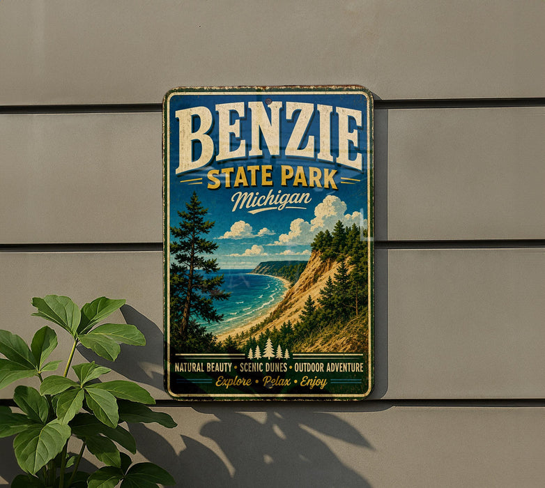 A vintage-style metal sign for Benzie State Park, Michigan, featuring a scenic landscape with a beach, mountains, and pine trees.