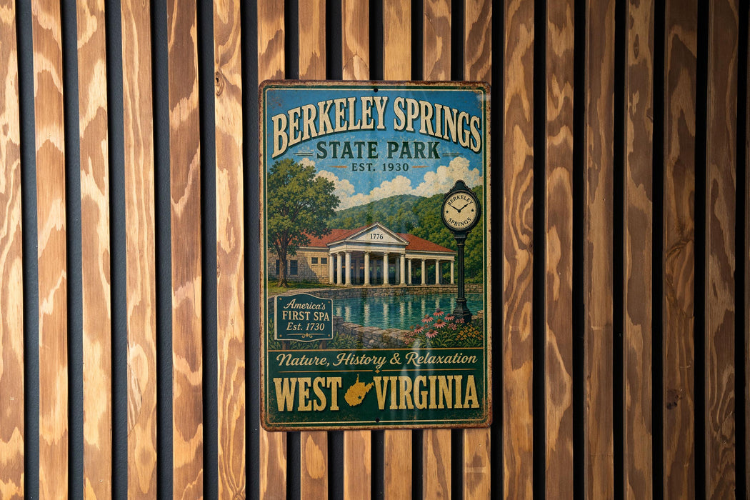 A vintage-style metal sign for Berkeley Springs State Park in West Virginia, featuring an illustration of the park's buildings and a clock.