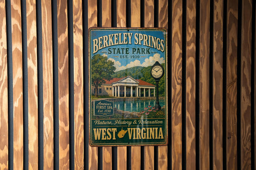 A vintage-style metal sign for Berkeley Springs State Park in West Virginia, featuring an illustration of the park's buildings and a clock.