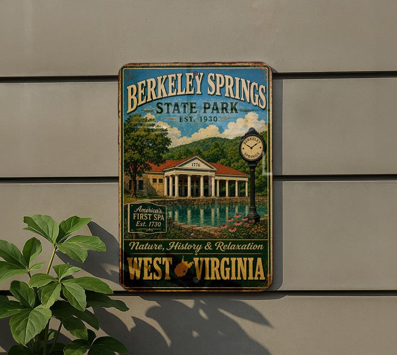 A vintage-style sign for Berkeley Springs State Park, featuring a scenic image of the park and a clock tower, mounted on a wall.