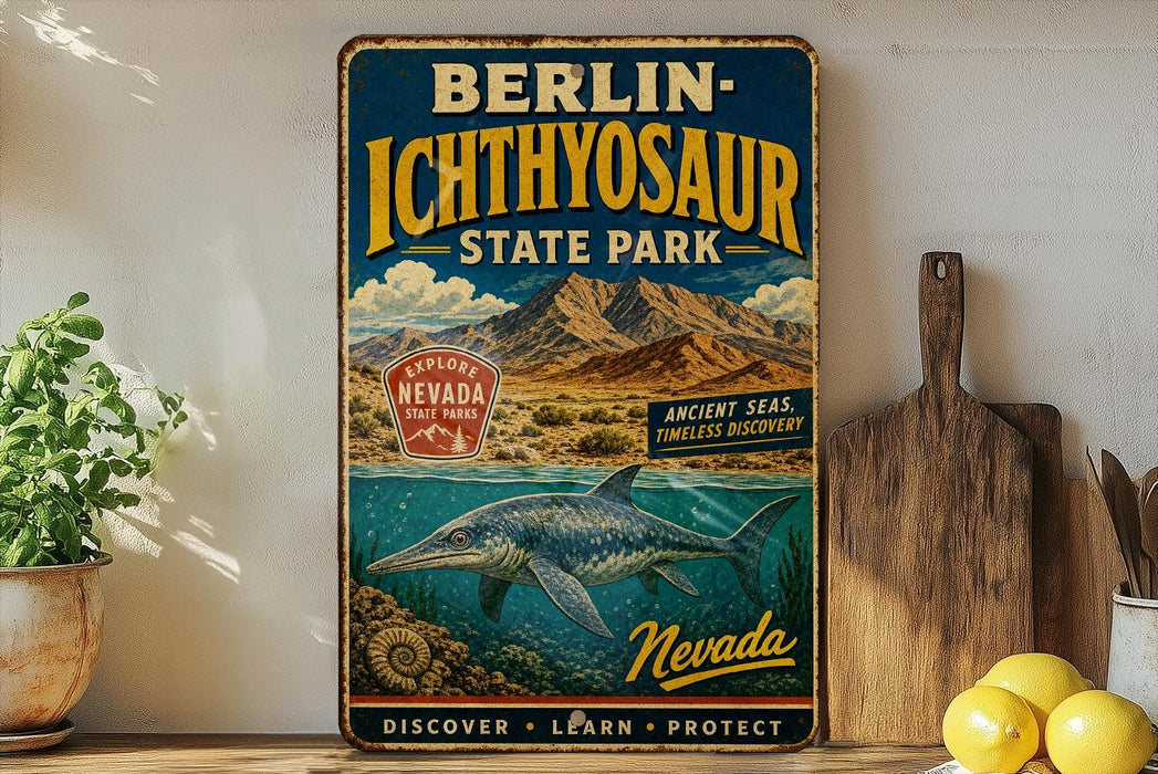 A vintage-style metal sign for Berlin, Nevada's Ichthyosaur State Park, featuring an illustration of a marine creature and mountainous landscape.