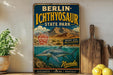 A vintage-style metal sign for Berlin, Nevada's Ichthyosaur State Park, featuring an illustration of a marine creature and mountainous landscape.