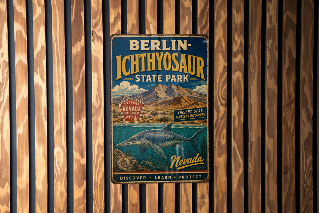 A vintage metal sign for Berlin-Ichthyosaur State Park, featuring an illustration of a sea dinosaur and the text "Berlin-Ichthyosaur State Park" and "Nebraska" at the bottom.