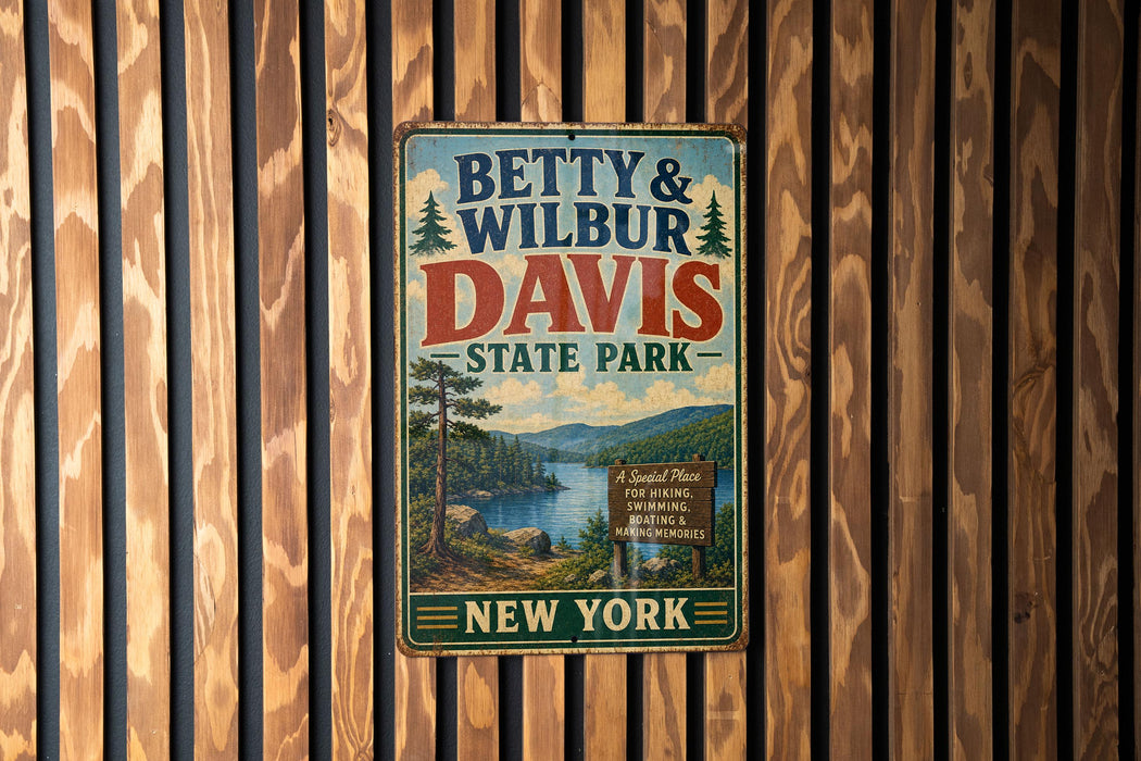 A vintage metal sign for Betty & Wilbur Davis State Park in New York, featuring a scenic landscape with a lake and mountains.