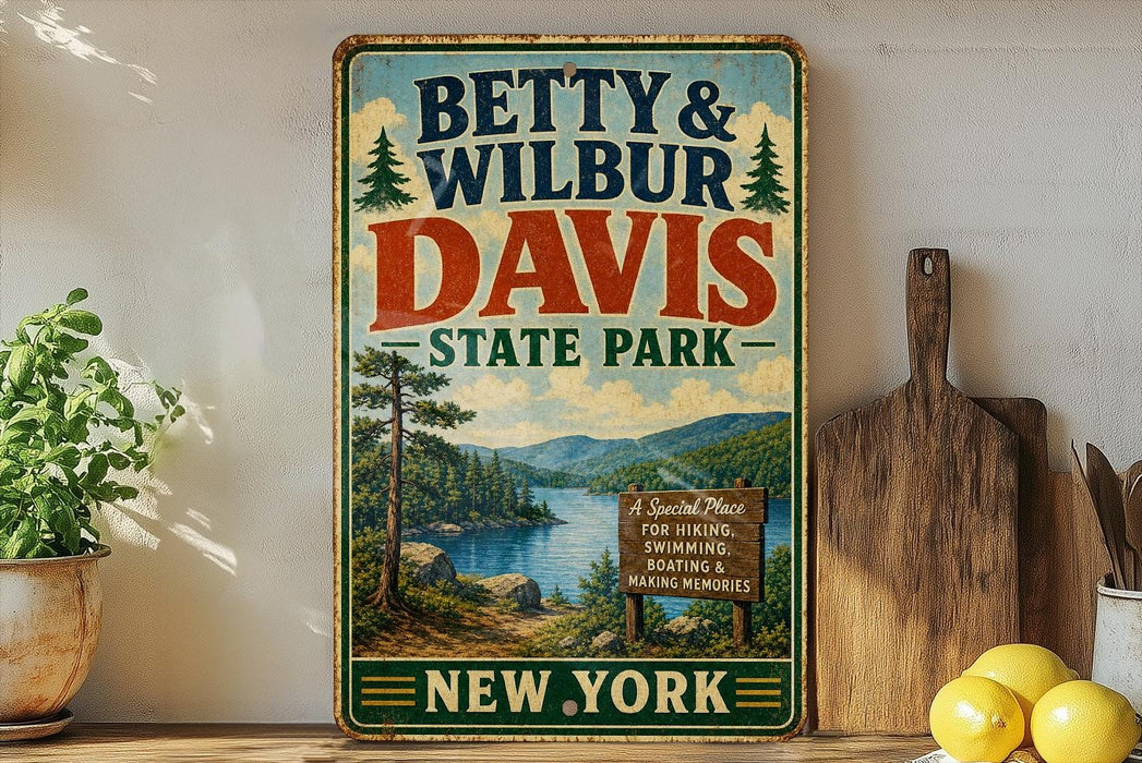 A vintage-style metal sign for Betty & Wilbur Davis State Park in New York, featuring a scenic landscape with a lake and mountains.