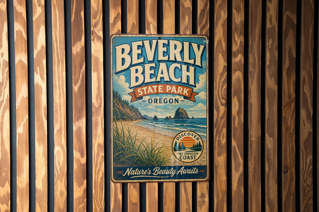 A vintage-style metal sign for Beverly Beach State Park in Oregon, featuring a beach scene and the text "Discover the Oregon Coast".
