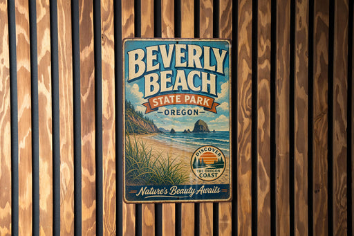 A vintage-style metal sign for Beverly Beach State Park in Oregon, featuring a beach scene and the text "Discover the Oregon Coast".