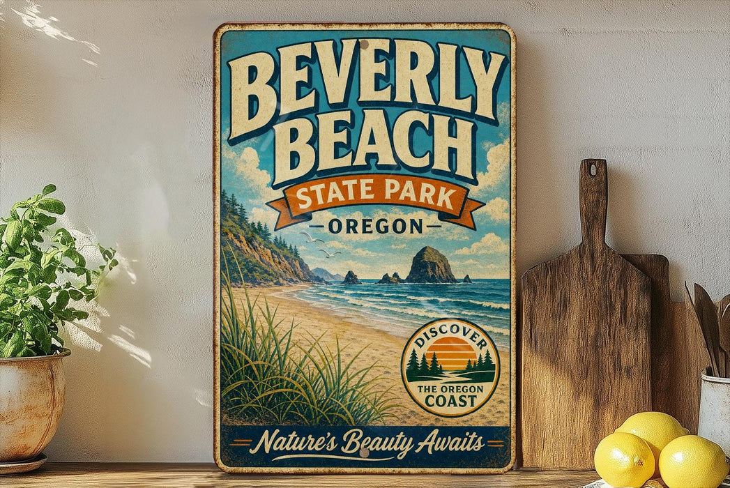 A vintage-style metal sign for Beverly Beach State Park in Oregon, featuring a beach scene with a large rock formation and a sunset.