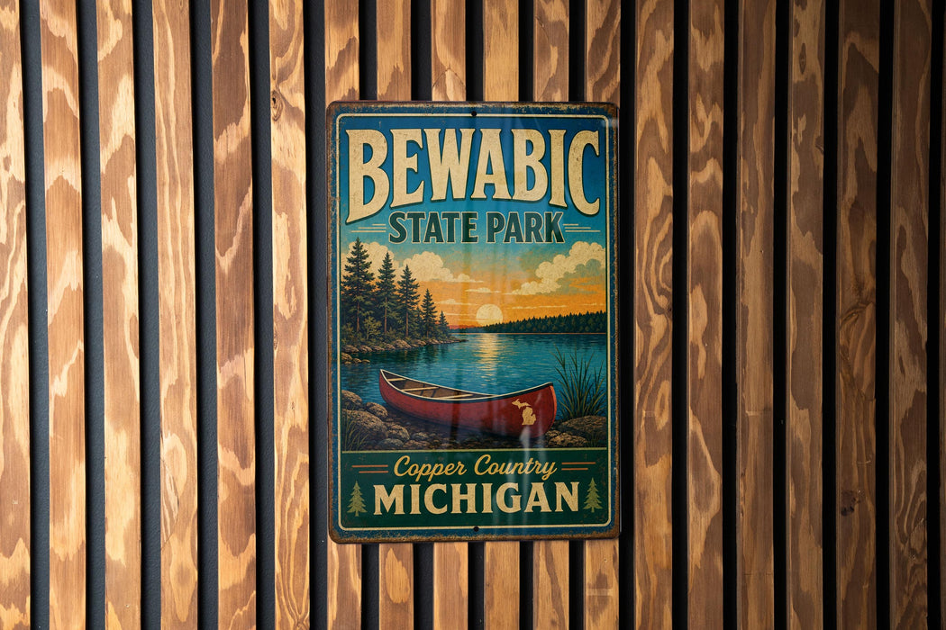 A vintage metal sign for Bewabic State Park, featuring a canoe and a scenic landscape, is displayed on a wooden wall.