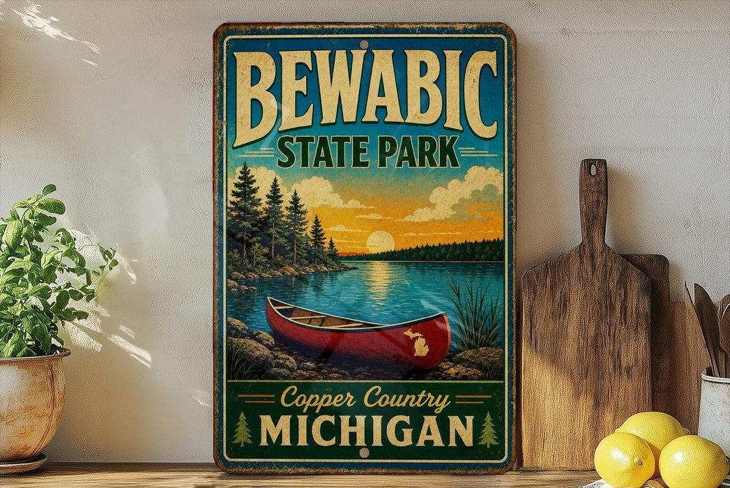 A vintage-style sign for Bewabic State Park, featuring a red canoe on a lake with a sunset in the background.