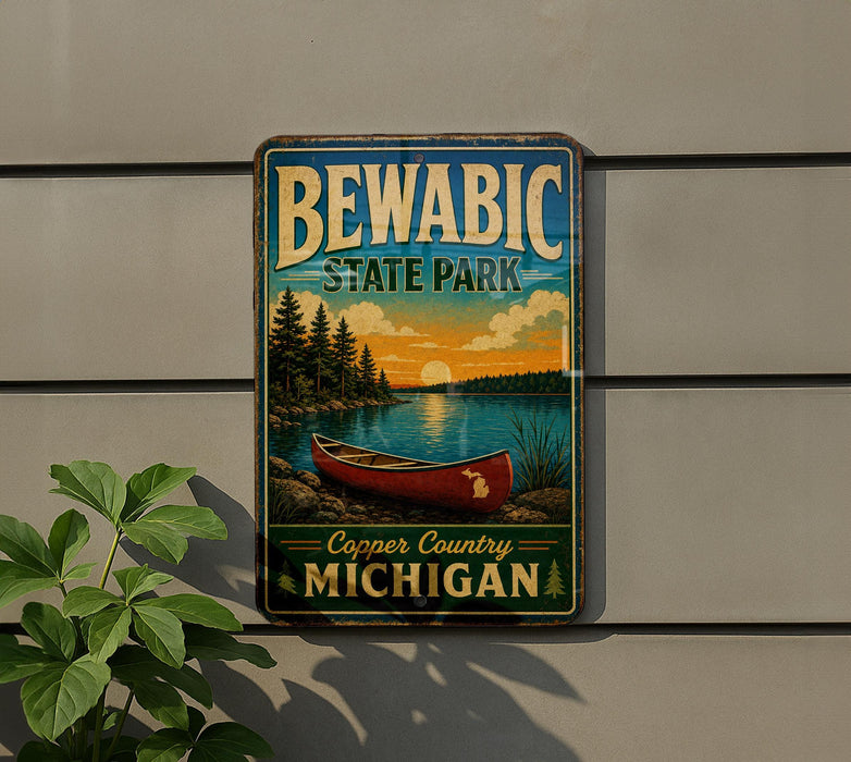 A vintage-style metal sign for Bewabic State Park, featuring a canoe and a scenic landscape, is displayed on a wall next to a plant.