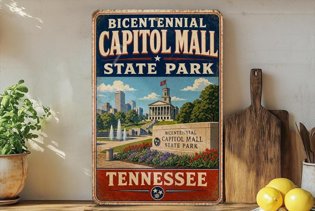 A vintage-style sign for the historic Capitol Mall State Park in Tennessee, featuring a cityscape and a fountain.
