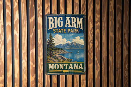 A vintage metal sign for Big Arm State Park in Montana, featuring a scenic landscape with mountains, a lake, and a pine tree.