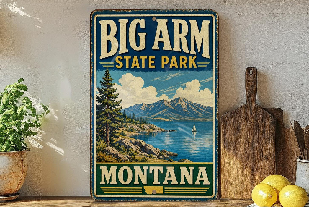 A vintage-style sign for Big Arm State Park in Montana, featuring a scenic landscape with mountains, a lake, and a sailboat.