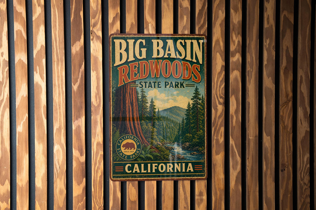 A vintage-style metal sign for Big Basin Redwoods State Park in California, featuring a scenic image of the park's landscape.