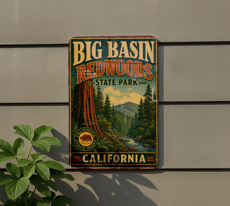 A vintage-style sign for Big Basin Redwoods State Park in California, featuring a scenic image of the park's iconic redwood trees and a waterfall.