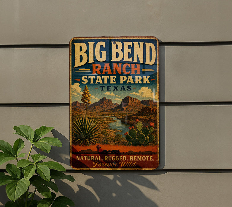 A vintage-style metal sign for Big Bend Ranch State Park in Texas, featuring a desert landscape with mountains, cacti, and a river.