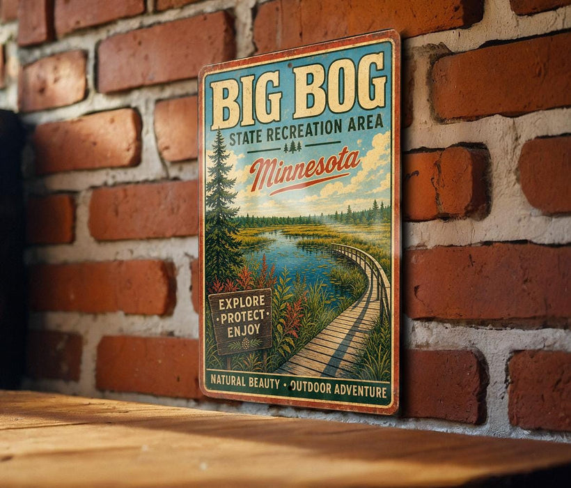 A vintage-style metal sign for the Big Bog State Recreation Area in Minnesota, featuring a scenic landscape with a wooden bridge and a river.