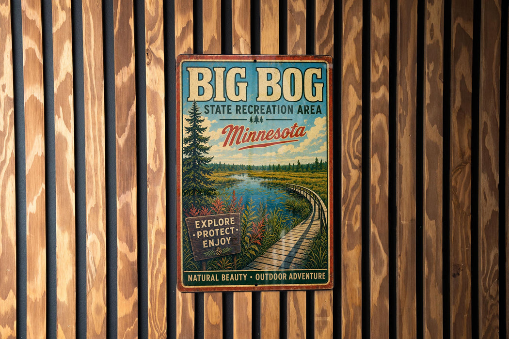 A vintage-style metal sign for the Big Bog State Recreation Area in Minnesota, featuring a scenic landscape with a wooden walkway and a pine tree.